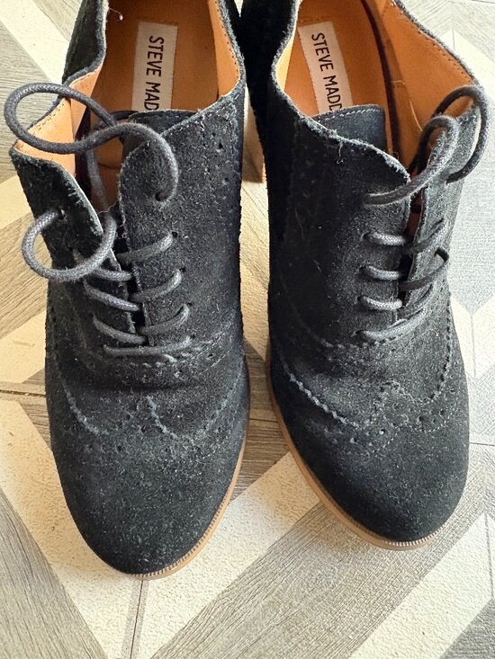 Steve Madden Ankle Boots 9M Omyra Lace Up Heels Booties Black Leather Suede - Picture 4 of 5